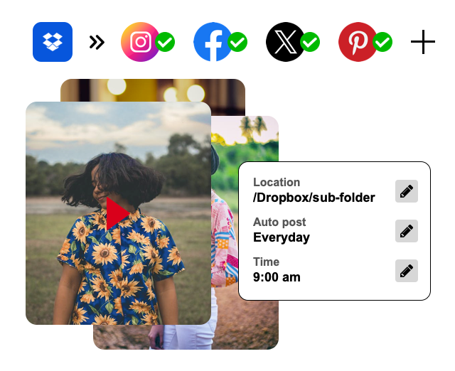 Post Dolphin Dropbox-to-Social publishes videos and photos directly from Dropbox to Instagram, Facebook, Pinterest & X (formerly Twitter) by setting up an automation or a fixed schedule