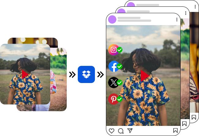 Post Dolphin Dropbox-to-Social publishes videos and photos directly from Dropbox to Instagram, Facebook, Pinterest & X (formerly Twitter) by setting up an automation or a fixed schedule